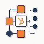 A SaaSstyle icon showing connected blocks and workflow nodes forming a system architecture representing HubSpotfirst solution design and CRM structure