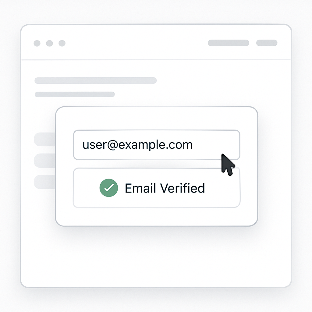 A clean SaaSstyle illustration showing a user entering an email address into a popup form on a modern website interface followed by a subtle green che