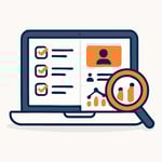 A modern SaaS icon showing a checklist and CRM dashboard on a laptop screen with a magnifying glass inspecting data representing HubSpot audit and dis-1