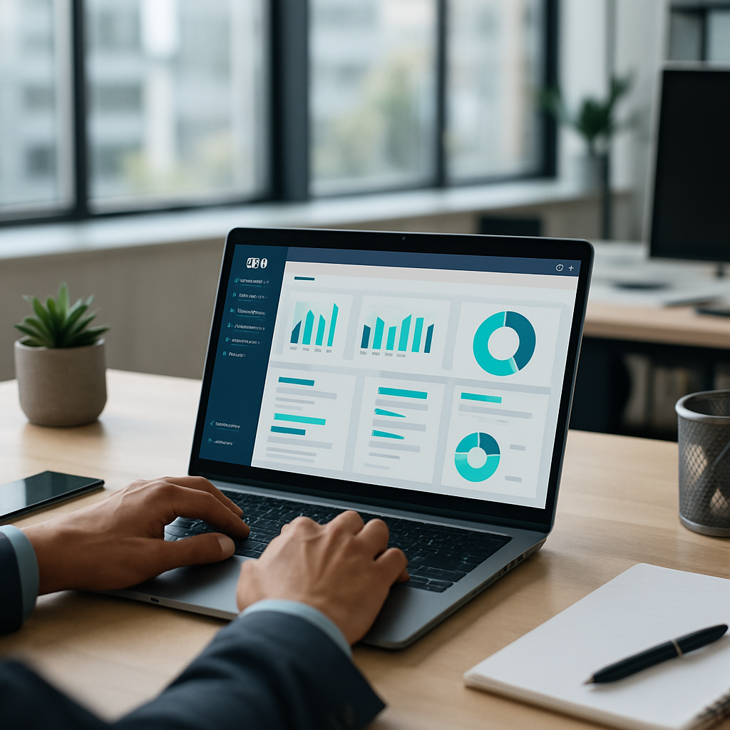 A realistic professional office workspace showing a person working on a CRM system on a laptopScreen shows a blurred dashboard interface modern enterp