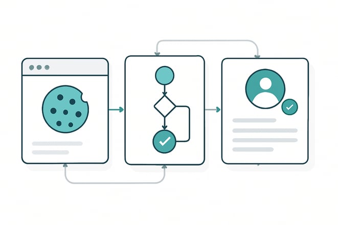 A unified HubSpotstyle SaaS illustration showing three connected elements browser cookie storage automation workflow logic and CRM contact verificatio-1