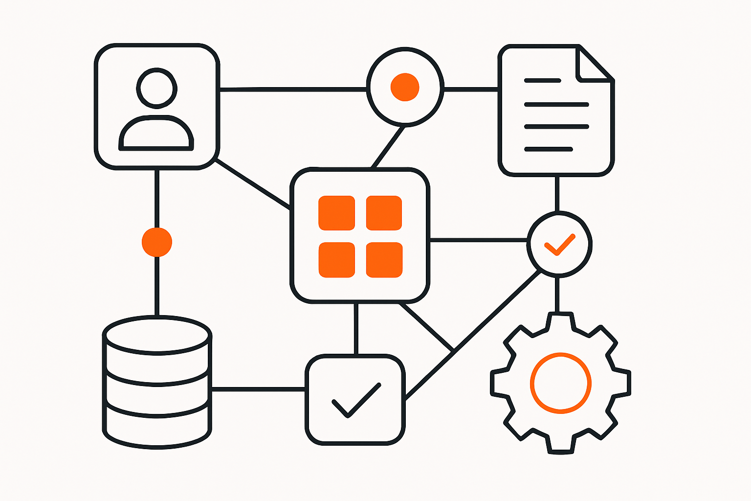 Abstract diagram showing custom CRM objects connected with lines and nodes representing workflows and automation modern SaaS illustration HubSpotinspi