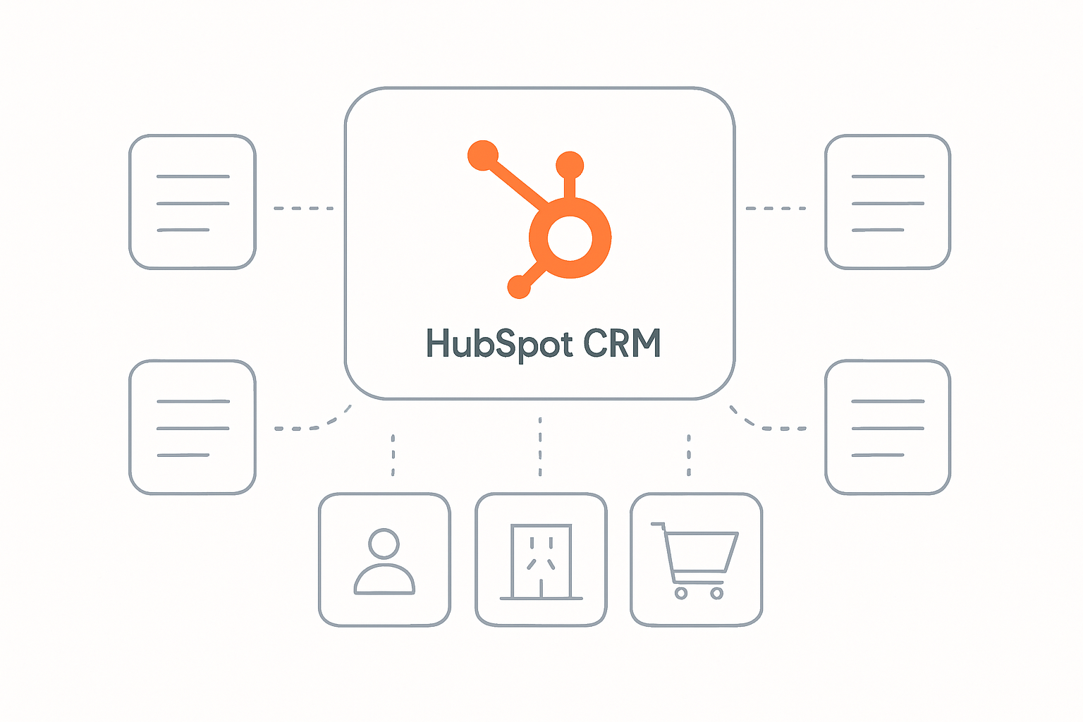 Minimal modern illustration showing HubSpot CRM with additional custom data entities branching out from standard objects clean SaaS style white backgr