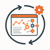 Modern SaaS icon representing ongoing HubSpot retainer work circular arrows around a HubSpotstyle dashboard automation and workflows visible orange ac-1