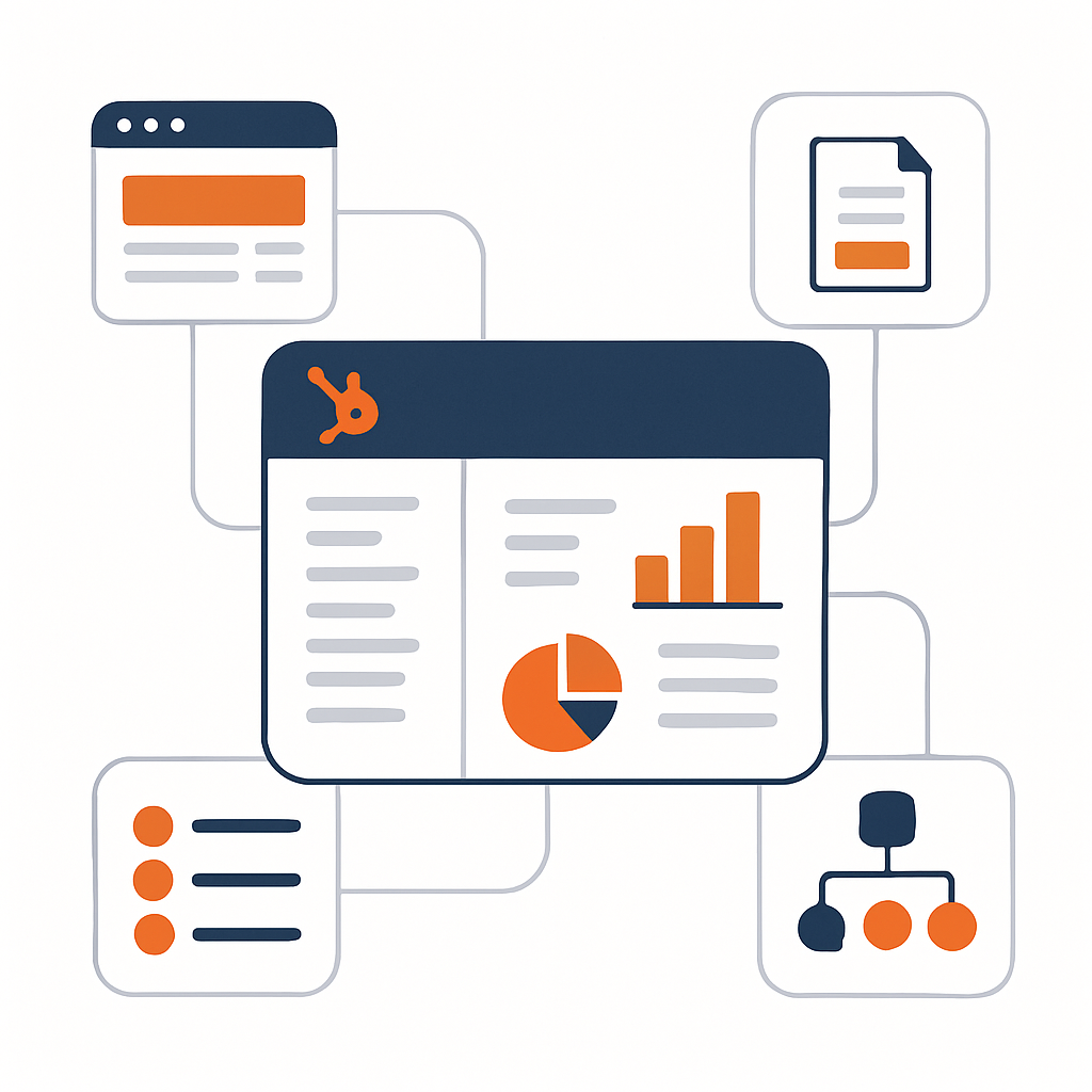A modern SaaS illustration showing a central HubSpotstyle CRM dashboard interface with connected modules around it  website pages forms workflows auto-1