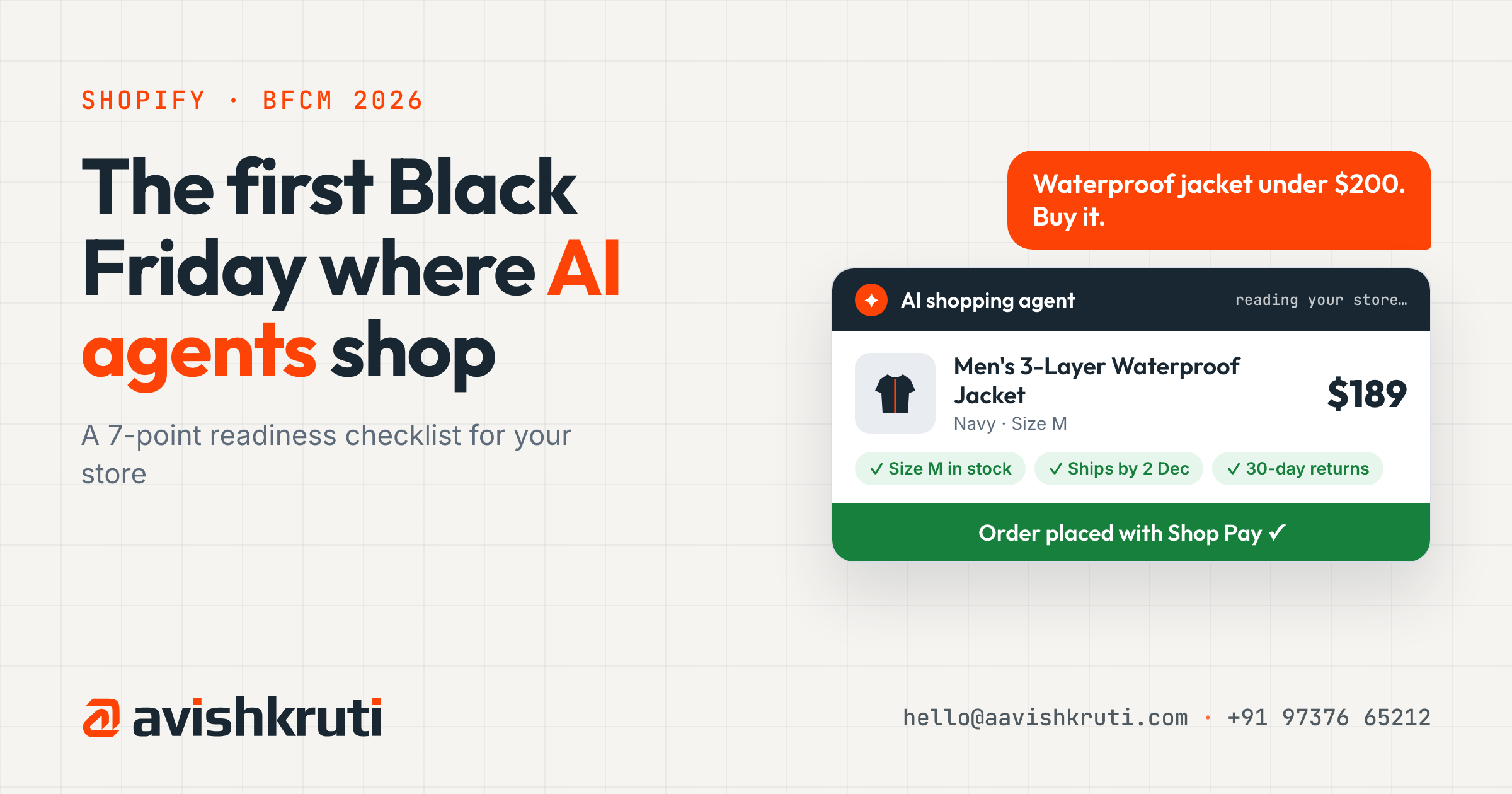 AI shopping agent buying a waterproof jacket on a Shopify store with Shop Pay, BFCM 2026